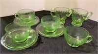 Green Uranium glass, cream and sugar bowl with
