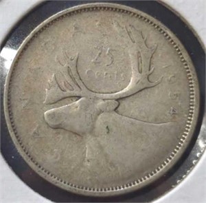 Silver 1954 Canadian quarter