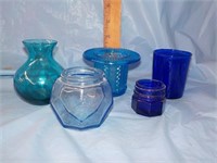 Various blue glassware