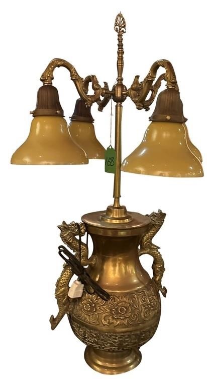 VINTAGE BRASS DRAGON LAMP WITH (4) SHADES