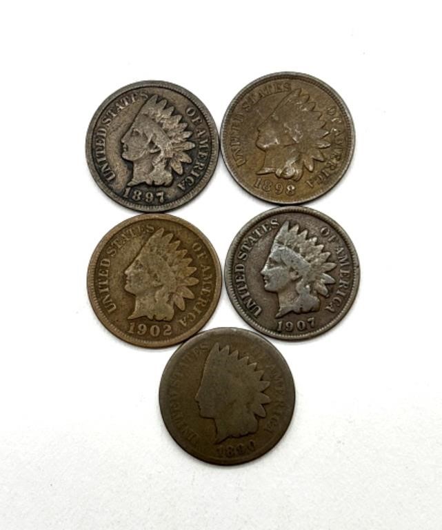 (5) Indian Head Cents : 1890, 1897, 1898, 1902,