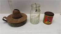 jar, vintage can, vintage oil lamp base