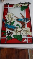 Stained Glass with Blue Birds and White Flowers