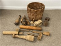Ash Basket Filled w/ Wooden Kitchen Collectibles