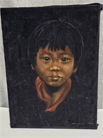 Mid Century Velvet Painting of Asian? Boy Signed