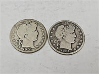 1901 0 Barber Silver Half Dollar 2 Coins