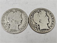 1902 S Silver Barber Half Dollar 2 coins