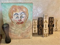 Clown painting, glass vase, inspirational art