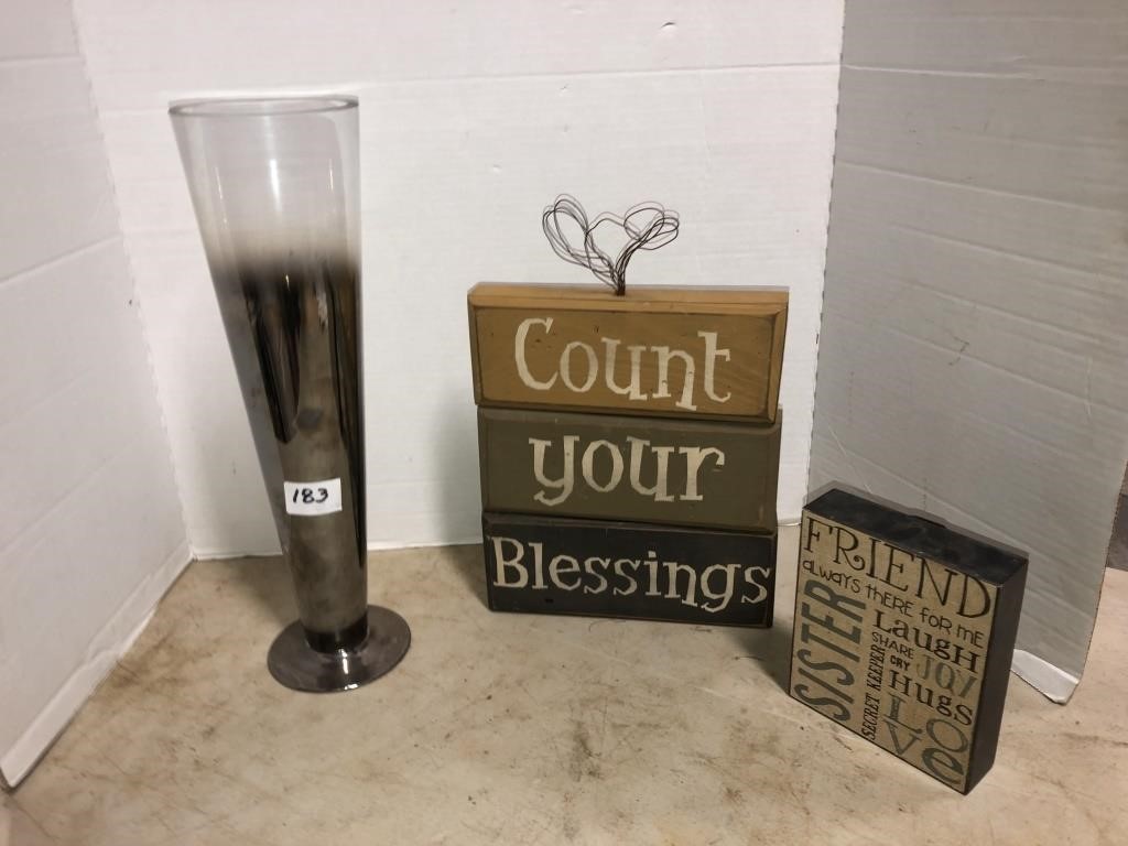 Vase and 2 signs