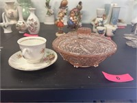 Pink Depression Glass Candy Dish + China Teacup