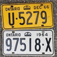 2 Vintage Ontario License Plates 1964 - 66