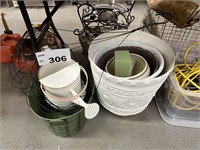 WATERING CAN AND MISC. FLOWER POTS