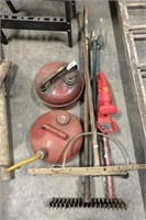(2) Pressed Steel Fuel Cans, Garden Tools.