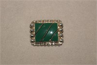 Sterling Green Onyx Brooch  Marked Mexico