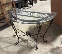 Wrought metal & beveled glass demilune table 28.5