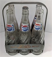 Vtg Pepsi-Cola Metal Carrier & Bottles