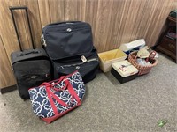 lot of suitcases, dishes, pottery, hat in box