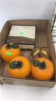 Tray Of glass oranges, Tiffany style box, glass