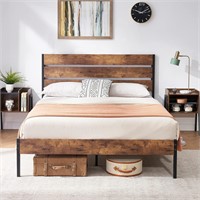 VECELO Full Bed Frame  Rustic Wood  No Box