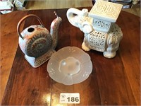 SNAIL WATER CAN, ELEPHANT, FENTON FOOTED DISH