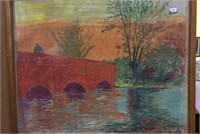 Framed colored charcoal of man on the red bridge,