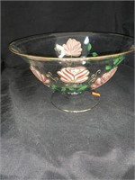 CRYSTAL BOWL W/ PAINTED ROSE & GOLD DECORATION -