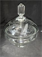 ETCHED CRYSTAL CANDY DISH W/ LID - 7 X 6 “
