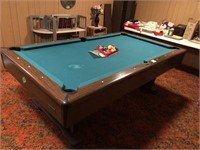 pool table w/balls, in basement, bring help to