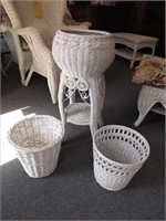 (2) Genuine Wicker Trash Cans & Plant Stand