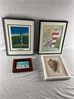 2 Lighthouse pictures framed, 1 small framed beach