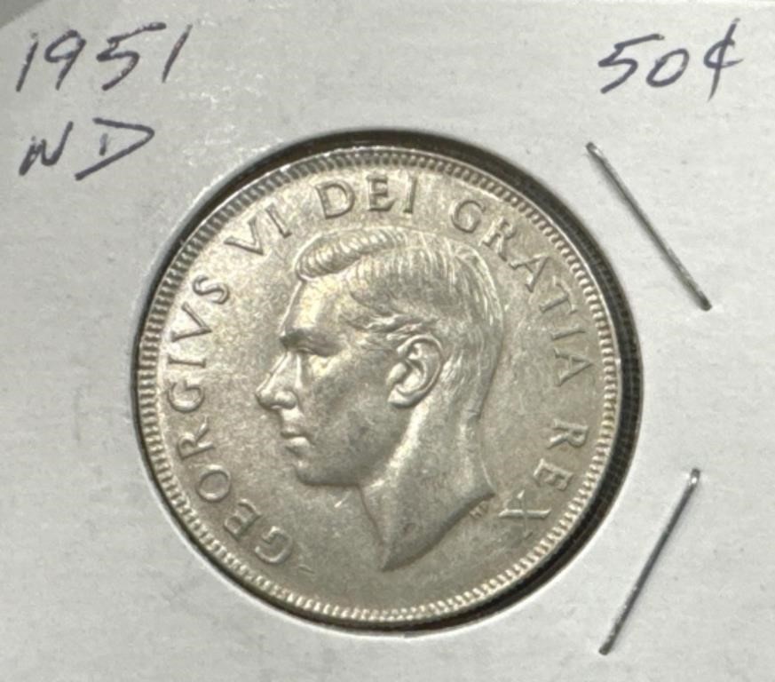 1951 50 Cents Silver Coin- Narrow Date (ND)