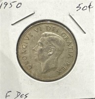 1950 50 Cents Silver Coin- Full Design