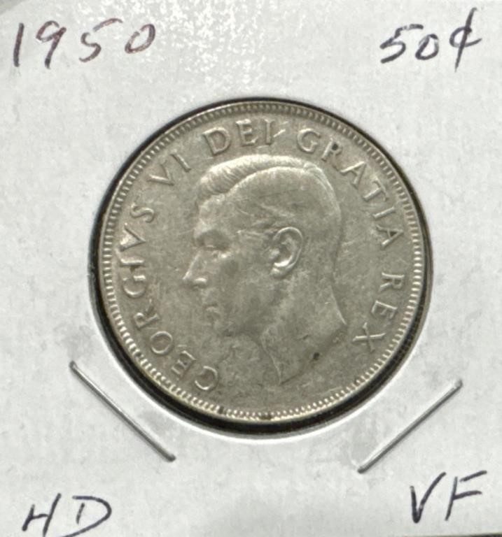 1950 50 Cents Silver Coin- Half Design