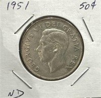 1951 50 Cents Silver Coin- Narrow Date (ND)