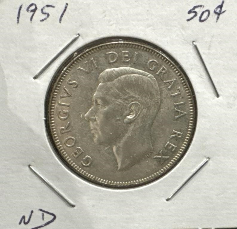 1951 50 Cents Silver Coin- Narrow Date (ND)