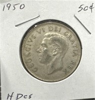 1950 50 Cents Silver Coin- Half Design