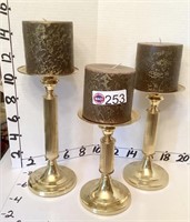 3 - BRASS CANDLE HOLDERS & CANDLES