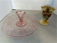 Pink Depression Platter & Noritake Vase