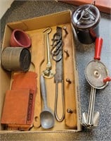 Box - red handle eggbeater, bread knife, hook,