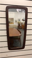 MID CENTURY WOOD FRAMED MIRROR, LENGTH 30”