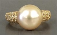 14K gold ring set with diamonds & 10mm pearl