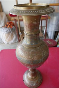 Brass Vase  20"T Enamel Inlay