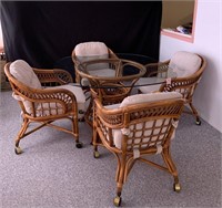 Round Glass & Rattan Table, 4 Chairs