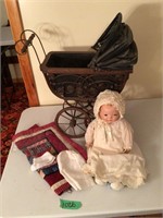 Vintage doll buggy w/sleepy eye porcelian baby