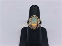 14K YELLOW GOLD OVAL CUT OPAL AND DIAMOND RING