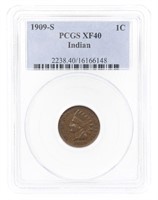 1909-S US INDIAN HEAD 1 CENT COIN PCGS XF40