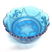 Vintage blue glass hand painted dessert bowl (B)