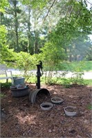 Antique Hand Pump w/ 2 Half Barrels & 6 Planters