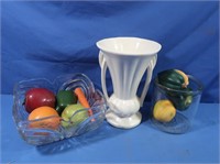 Glass Fruit Bowl, Ceramic Vase, Plastic Fruit