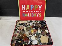 10" x 2.5" high Vintage  Buttons in Christmas Tin